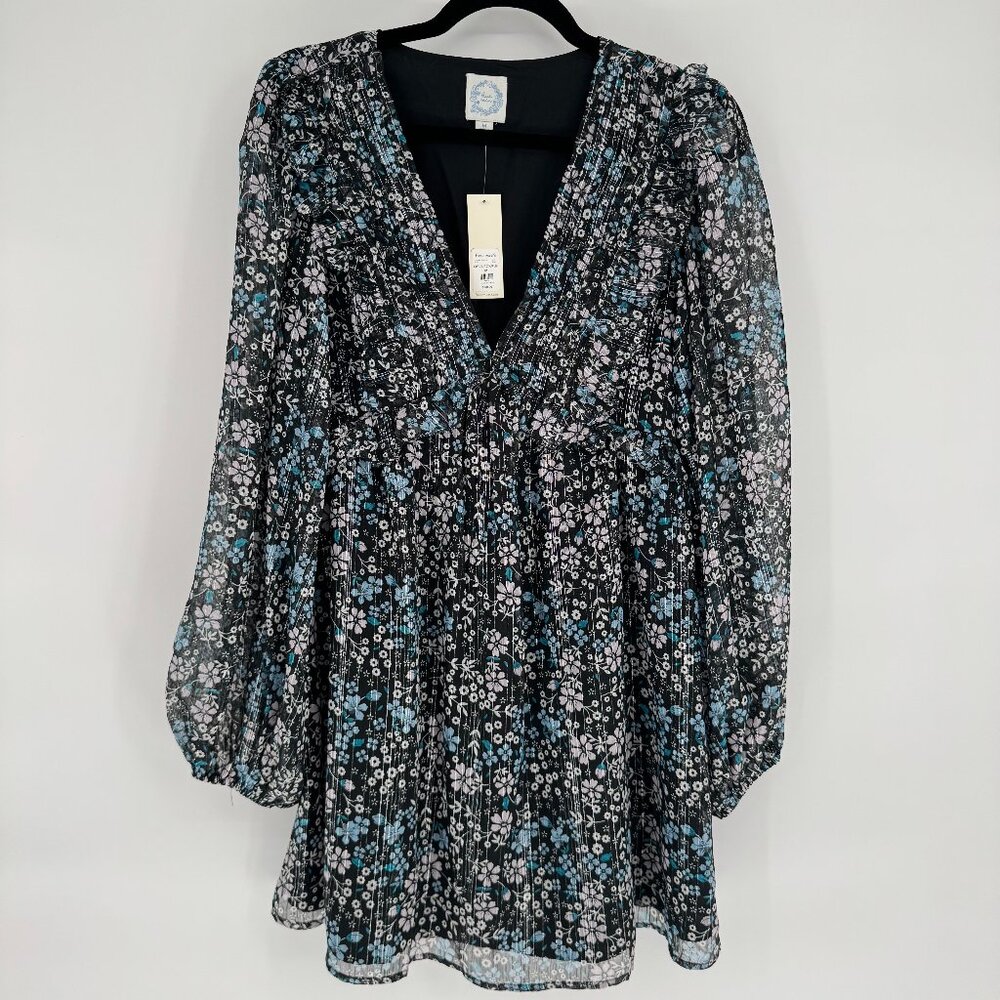 Floral Long Sleeve Mini Dress Blue Rain Francesca’s NWT Black Blue Lurex M